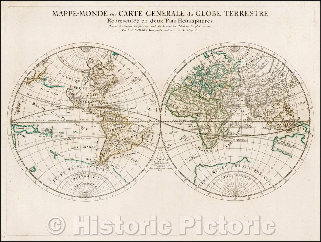 Historic Map - Mappe-Monde, ou Carte Generale Du Globe Terrestre Representee en deux Plan :: World Maps or Generale Du Globe Represented in two Hemispheres, 1678 - Vintage Wall Art