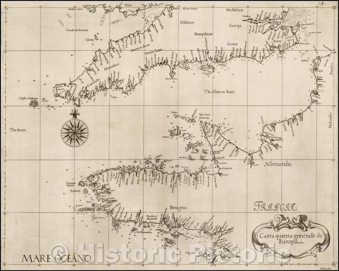 Historic Map - Carta quarta generale di Europa :: Sea Chart of the coast of Bretegane, England, English Channel, London, Cardiff, Bristol and and Calais, 1646 - Vintage Wall Art