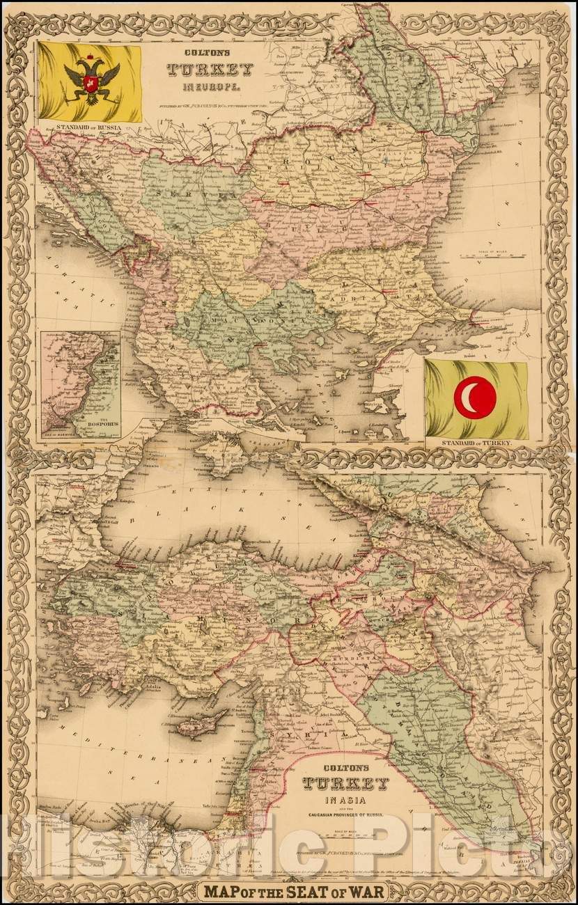 Historic Map - Map of the Seat of War - Colton's Turkey In Europe (and) Colton's Turkey in Asia and the Caucasian Provinces of Russia, 1877 - Vintage Wall Art