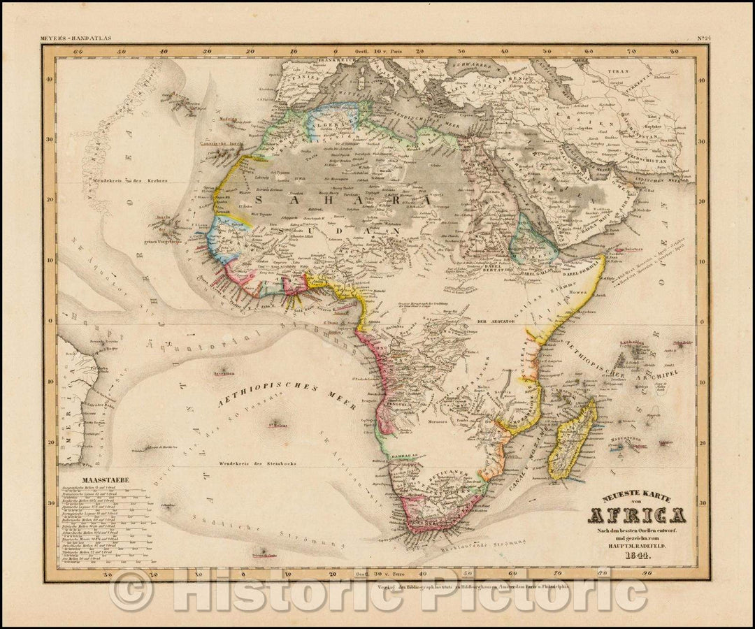 Historic Map - Neueste Karte von Africa/Map of Africa, from Meyer' s Hand Atlas, 1844, Joseph Meyer - Vintage Wall Art