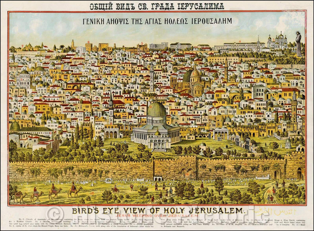 Historic Map - Bird's Eye View of Holy Jerusalem (Title in English, Greek, Russian & Arabic), 1900, Anonymous v2