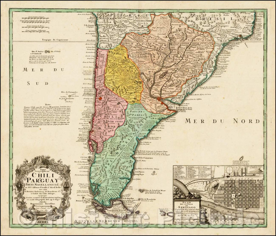 Historic Map - Typus Geographicus Chili, Paraguay Freti Magellanici &c/Map of the southern portion of South America,inset of the Straits of Magellan, 1733 - Vintage Wall Art