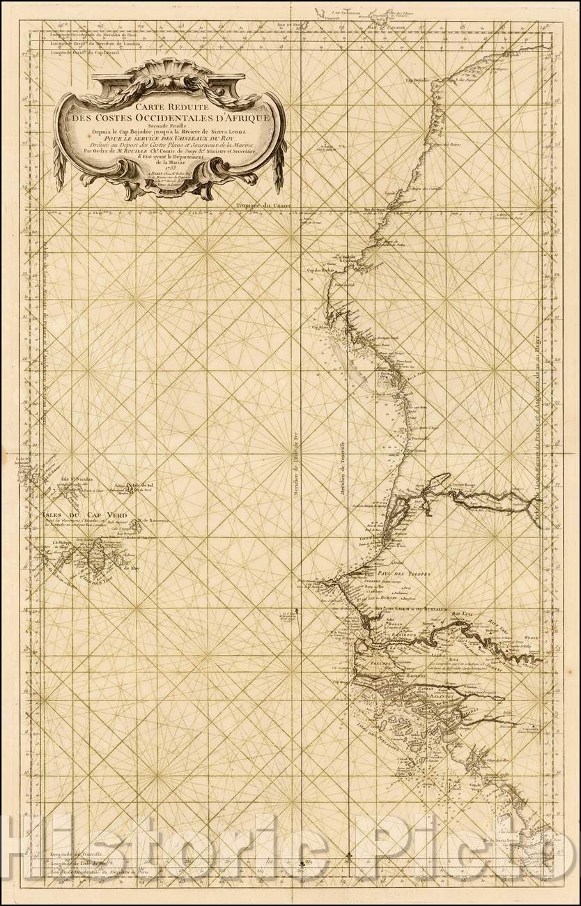 Historic Map - Carte Reduite d'une Partie des Costes Occidentales d'Afrique, Seconde Feui :: West African Costes, Second Leaf, from Cape Bojad, 1753 - Vintage Wall Art