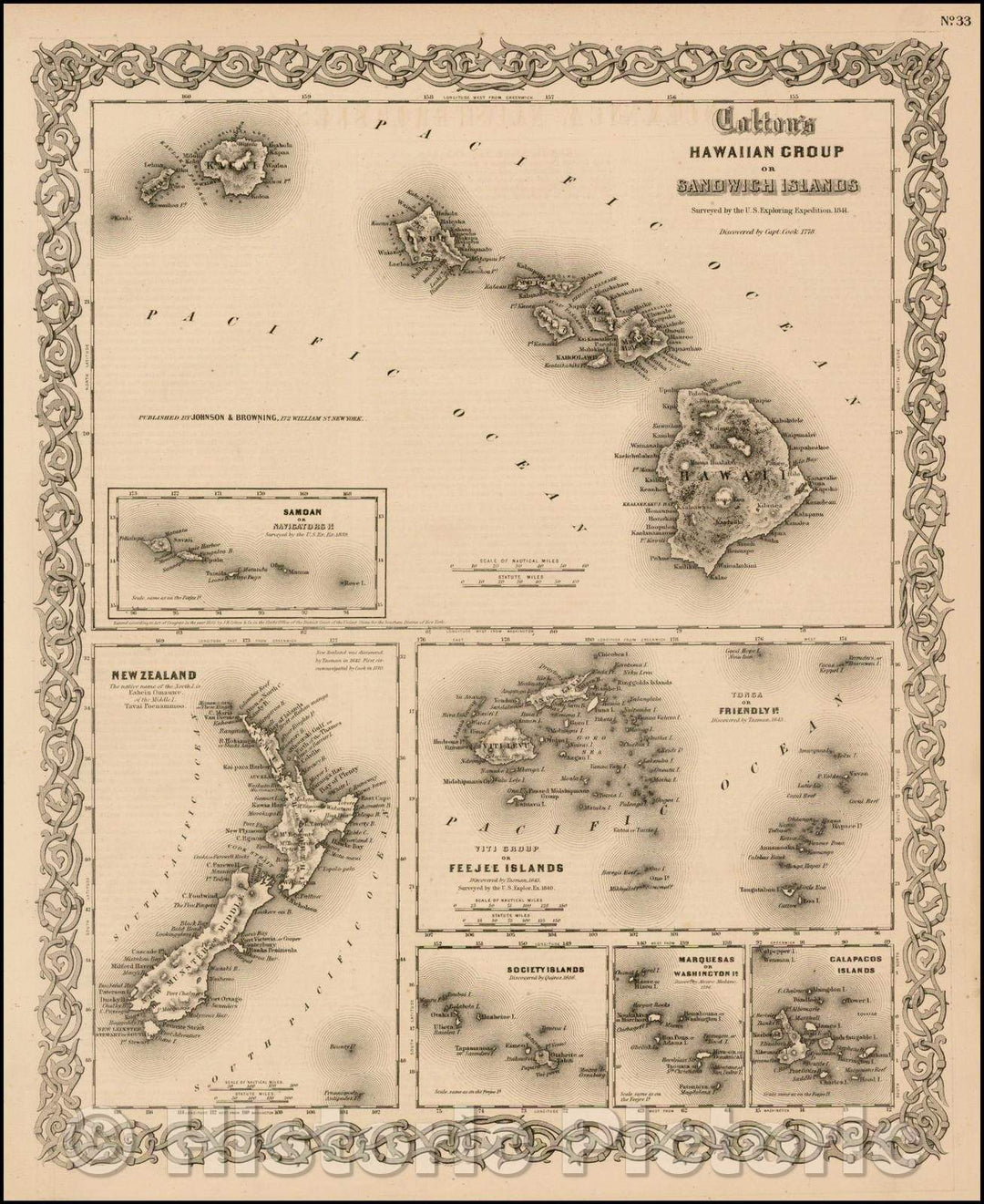 Historic Map - Colton's Hawaiian Group or Sandwich Islands [with] New Zealand [and] Feejee Group, Society Island, Marquesas and Galapagos Islands, 1859 - Vintage Wall Art