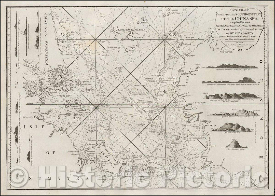 Historic Map - A New Chart Containing the Southwest Part of the China Sea, comprised between The Malaya Peninsula, Straits of Sincapore The Straits of Banca, 1794 - Vintage Wall Art