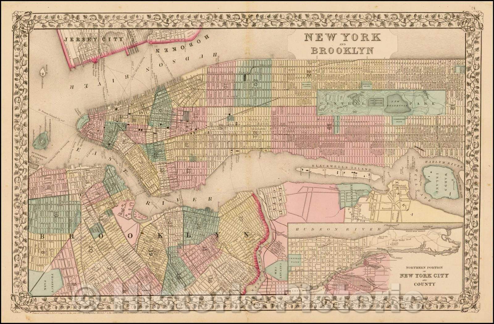 Historic Map - New York and Brooklyn, 1867, Samuel Augustus Mitchell Jr. v1