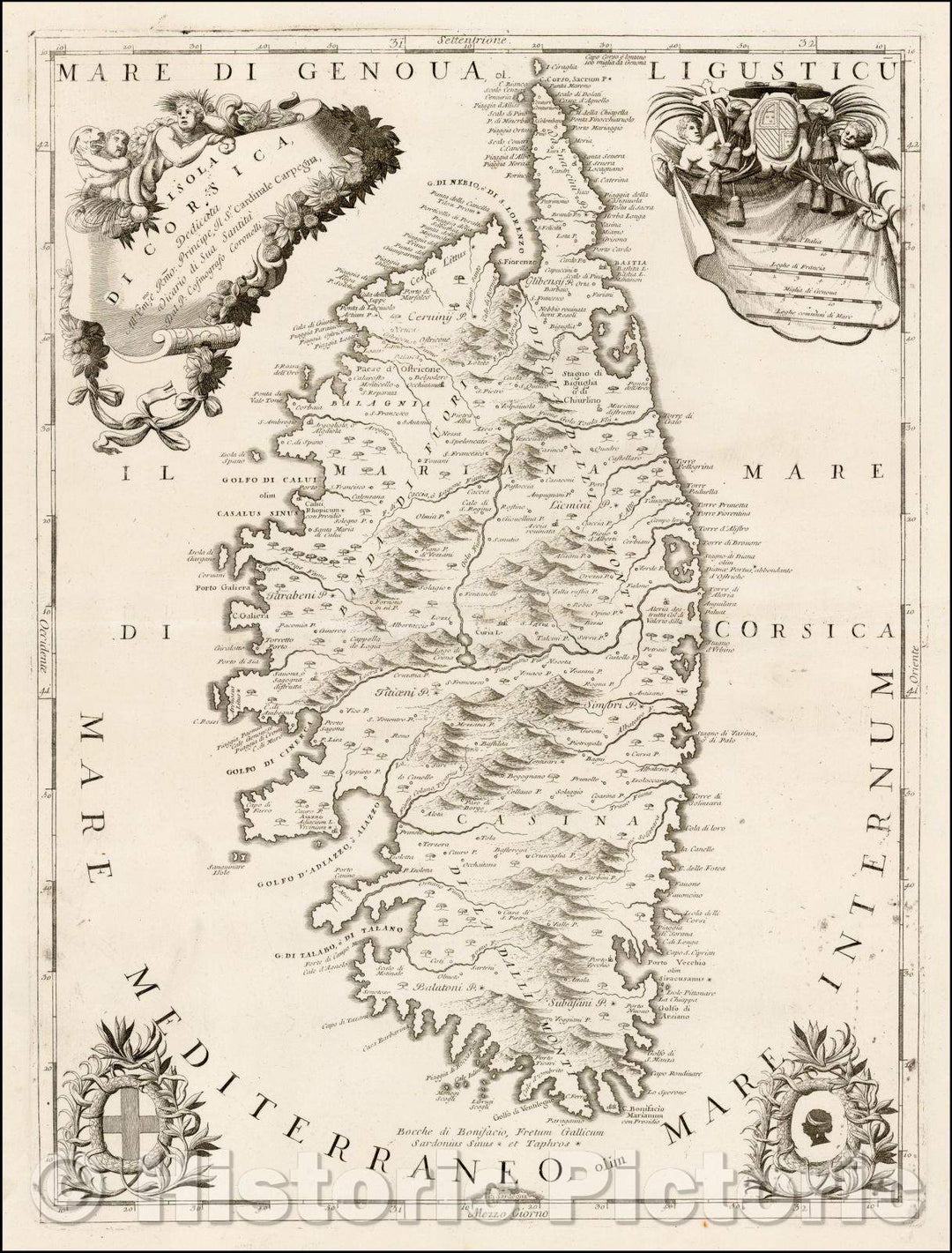 Historic Map - Isola De Corsica/Island of Corsica, 1690, Vincenzo Maria Coronelli - Vintage Wall Art