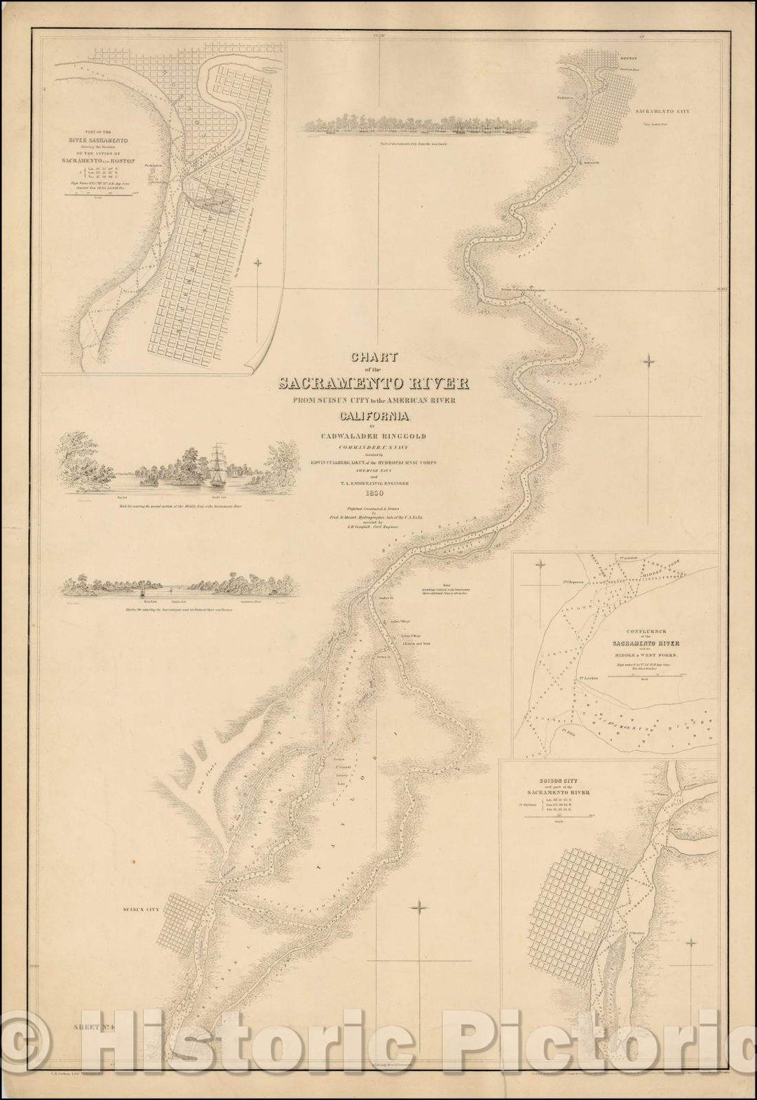 Historic Map - Chart of the Sacramento River From Suisun City to the American River California, 1850, Cadwalader Ringgold v1