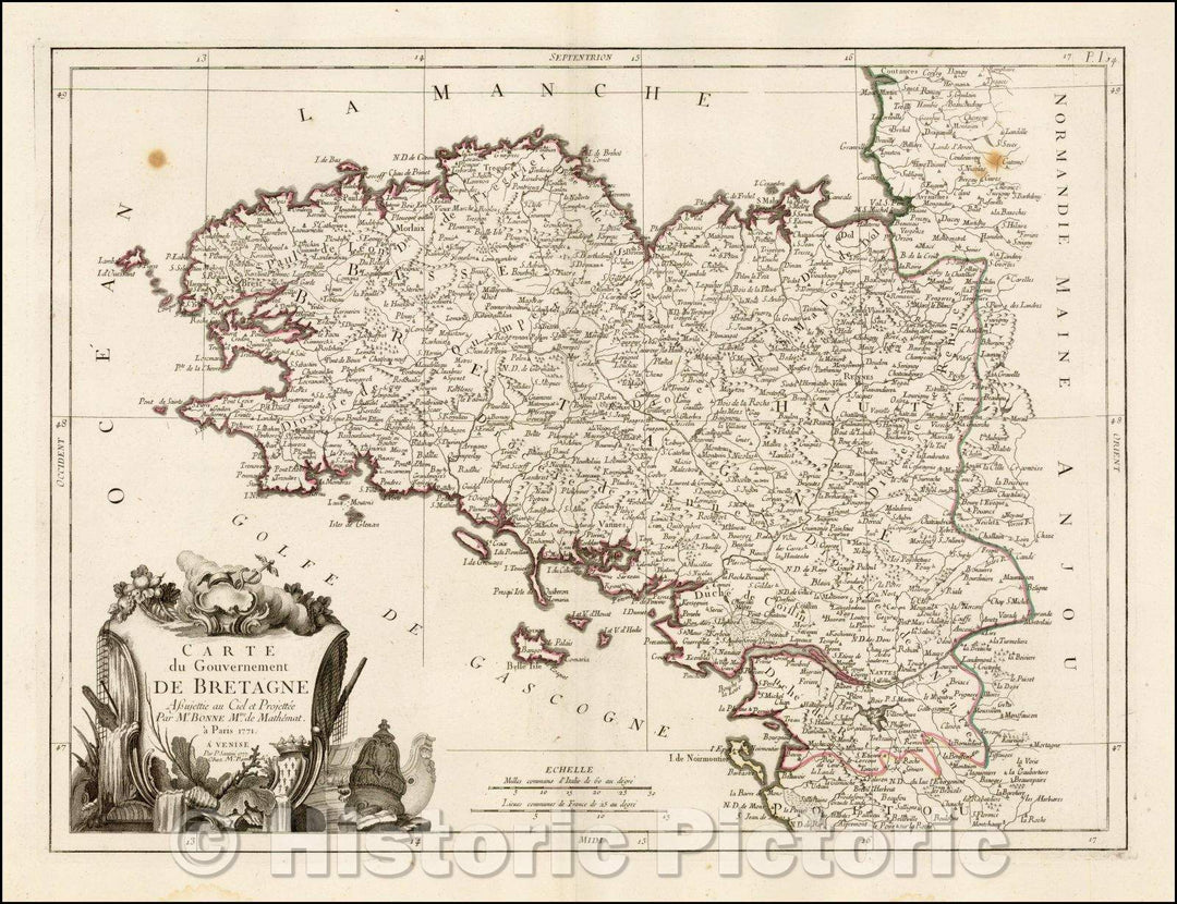 Historic Map - Carte du Gouvernement de Bretagne Assujettie au Ciel et Pro :: Regional of Bretagne and environs, published in Venice by Francois Santini, 1776 - Vintage Wall Art