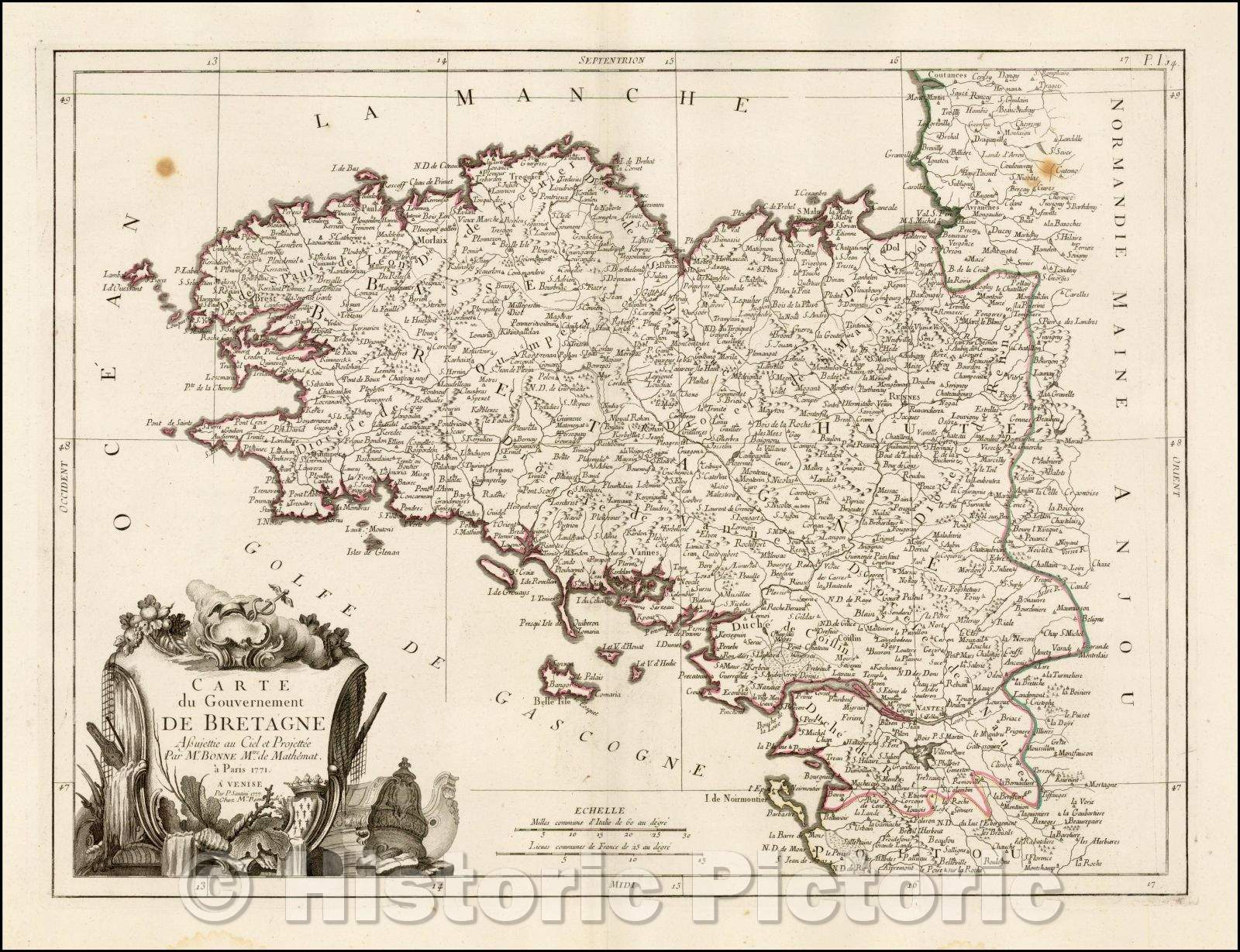 Historic Map - Carte du Gouvernement de Bretagne Assujettie au Ciel et Pro :: Regional of Bretagne and environs, published in Venice by Francois Santini, 1776 - Vintage Wall Art