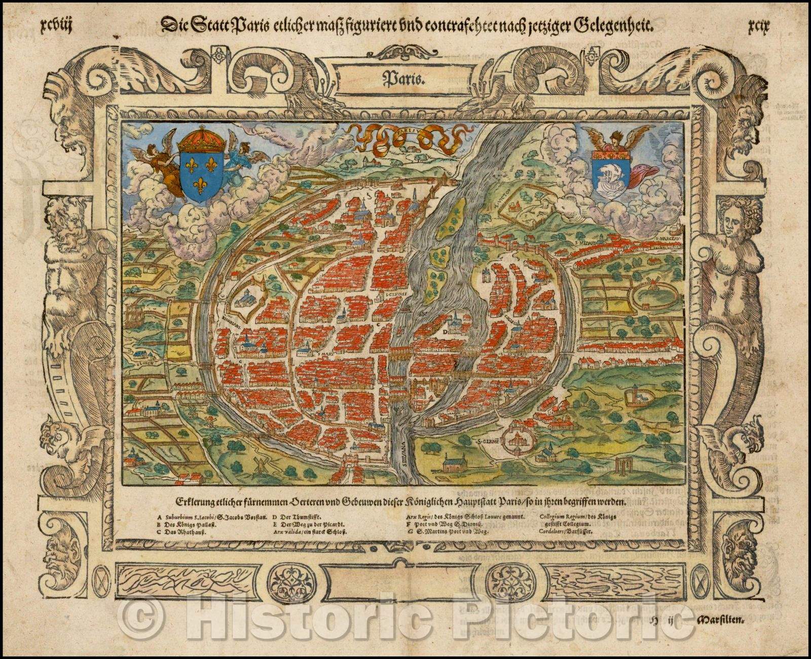 Historic Map - Paris, France, 1570, Sebastian M?nster - Vintage Wall Art