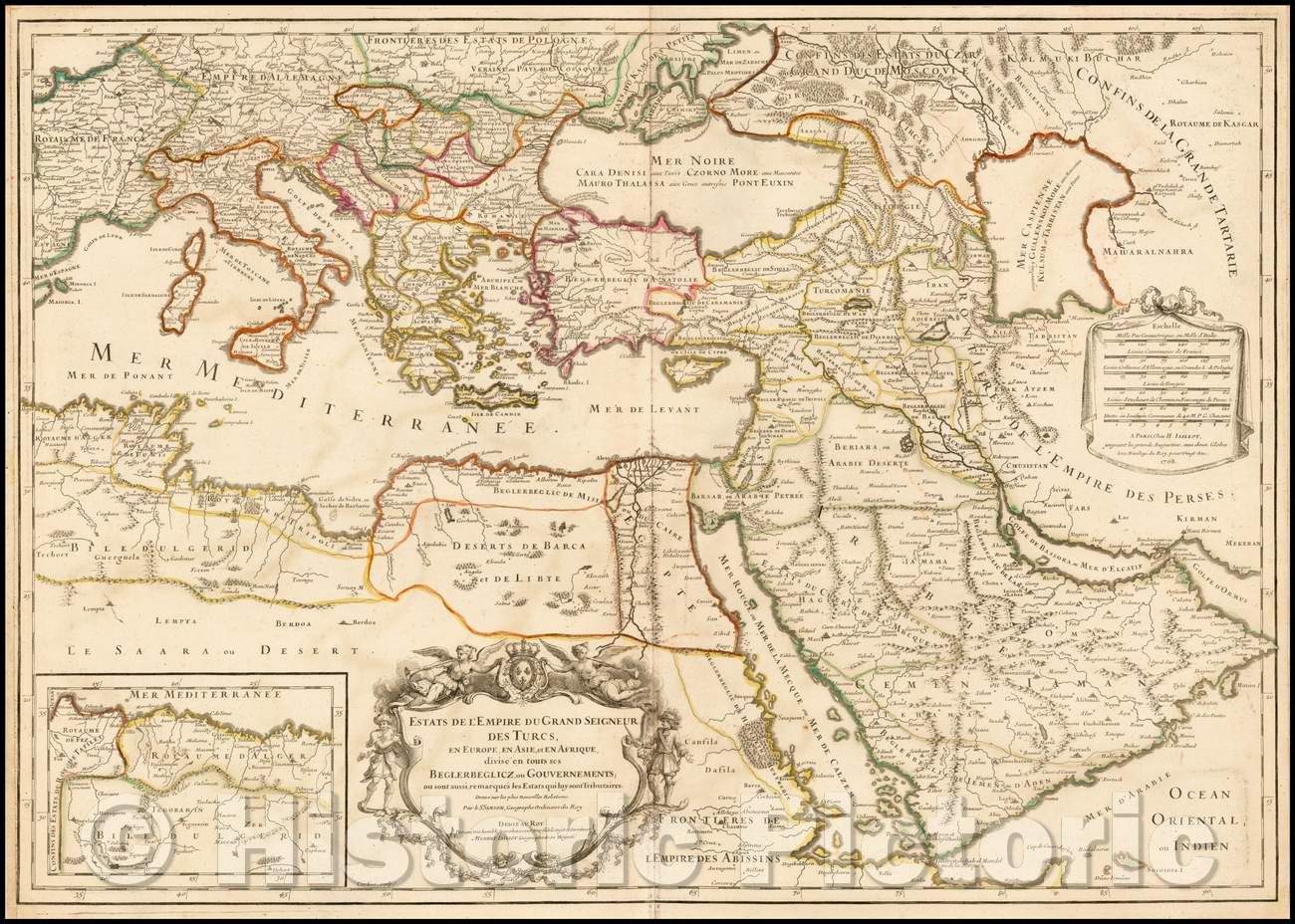 Historic Map - Estats De L'Empre du Grand Seigneur des Turcs en Europe, dn Asie, et en Afrique, divise en tous ses Beglerbeglicz, ou Gouvernements, 1708 v2