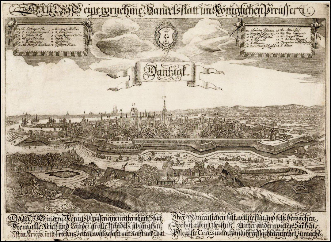 Historic Map - Dantzig eine vornehme Handelsstatt im Ko?niglichen Preussen / 17th Century View of Poland, 1670, Michael Wening - Vintage Wall Art