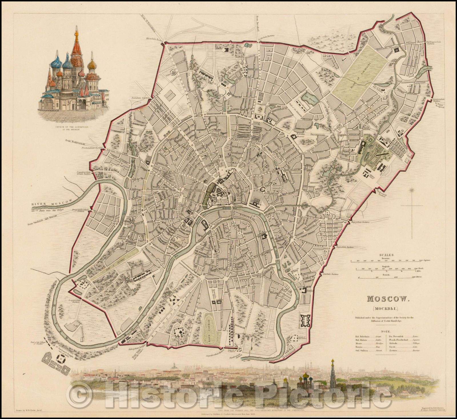 Historic Map - Moscow (full color vignettes), 1836, SDUK - Vintage Wall Art