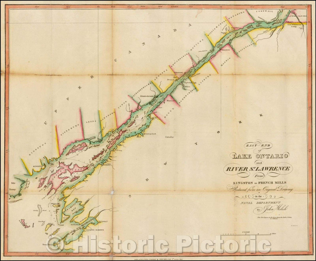 Historic Map - Thousand Islands, New York/Ontario East End of Lake Ontario and River St. Lawrence From Kingston to French Mills, 1814, John Melish - Vintage Wall Art