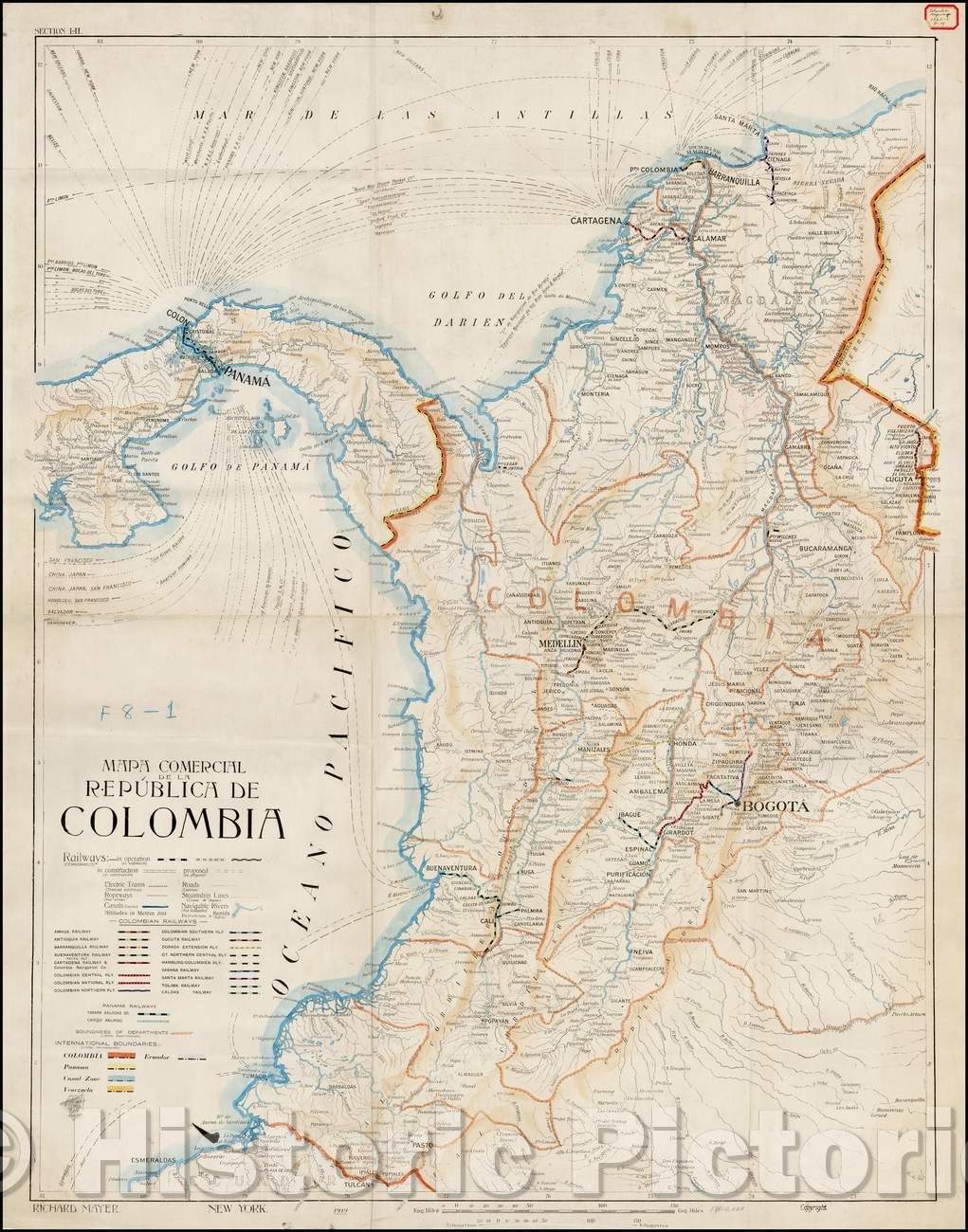 Historic Map - Mapa Comercial de la Republica De Colombia/Map of Colombia, published by Richard Mayer in New York, 1919, Richard Mayer - Vintage Wall Art