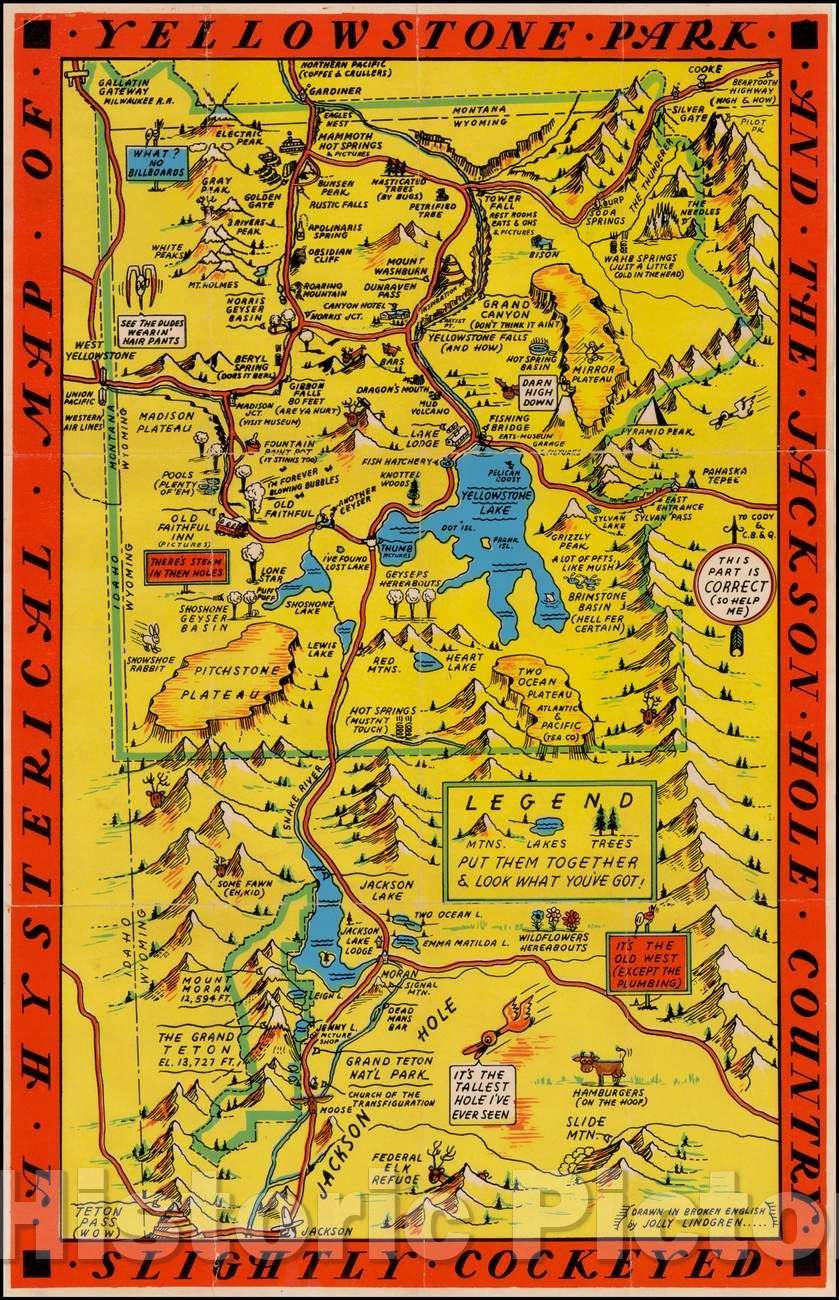 Historic Map - A Hysterical Map Of The Yellowstone Park And The Jackson Hole Country. Slightly Cockeyed, 1936, Lindgren Brothers v1