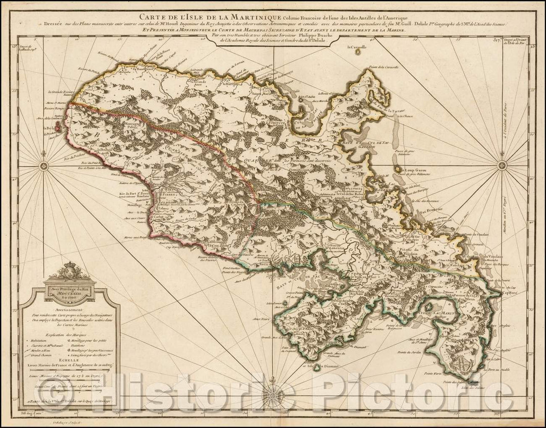 Historic Map - Carte de l'Isle de la Martinique Colonie Francoise de l'une/Plan of the island of Martinique,by Guillaume De L'Isle in 1732, 1732 - Vintage Wall Art