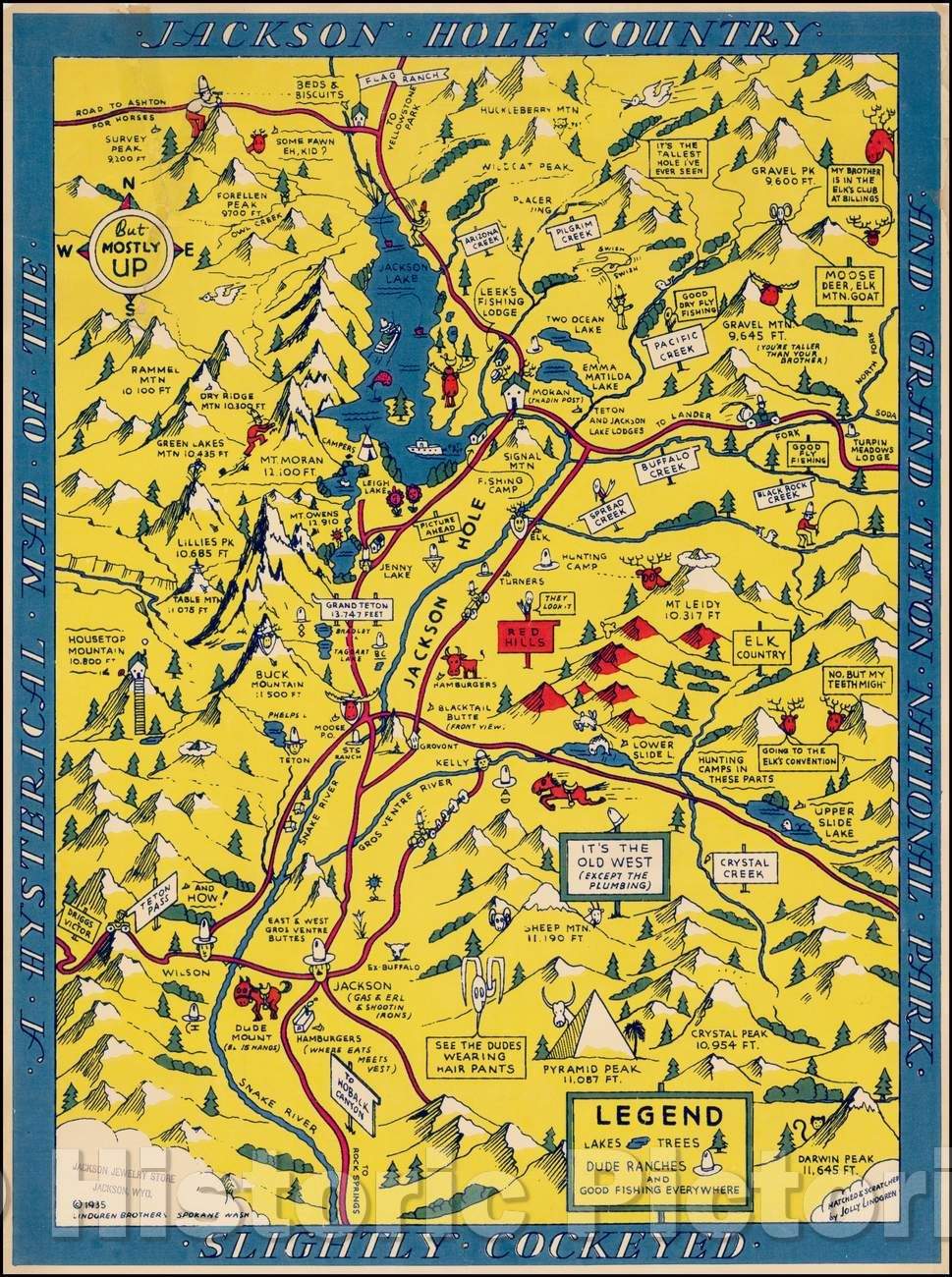 Historic Map - A Hysterical Map Of The Jackson Hole Country and Grand Teton National Park Slightly Cockeyed, 1935, Lindgren Brothers - Vintage Wall Art