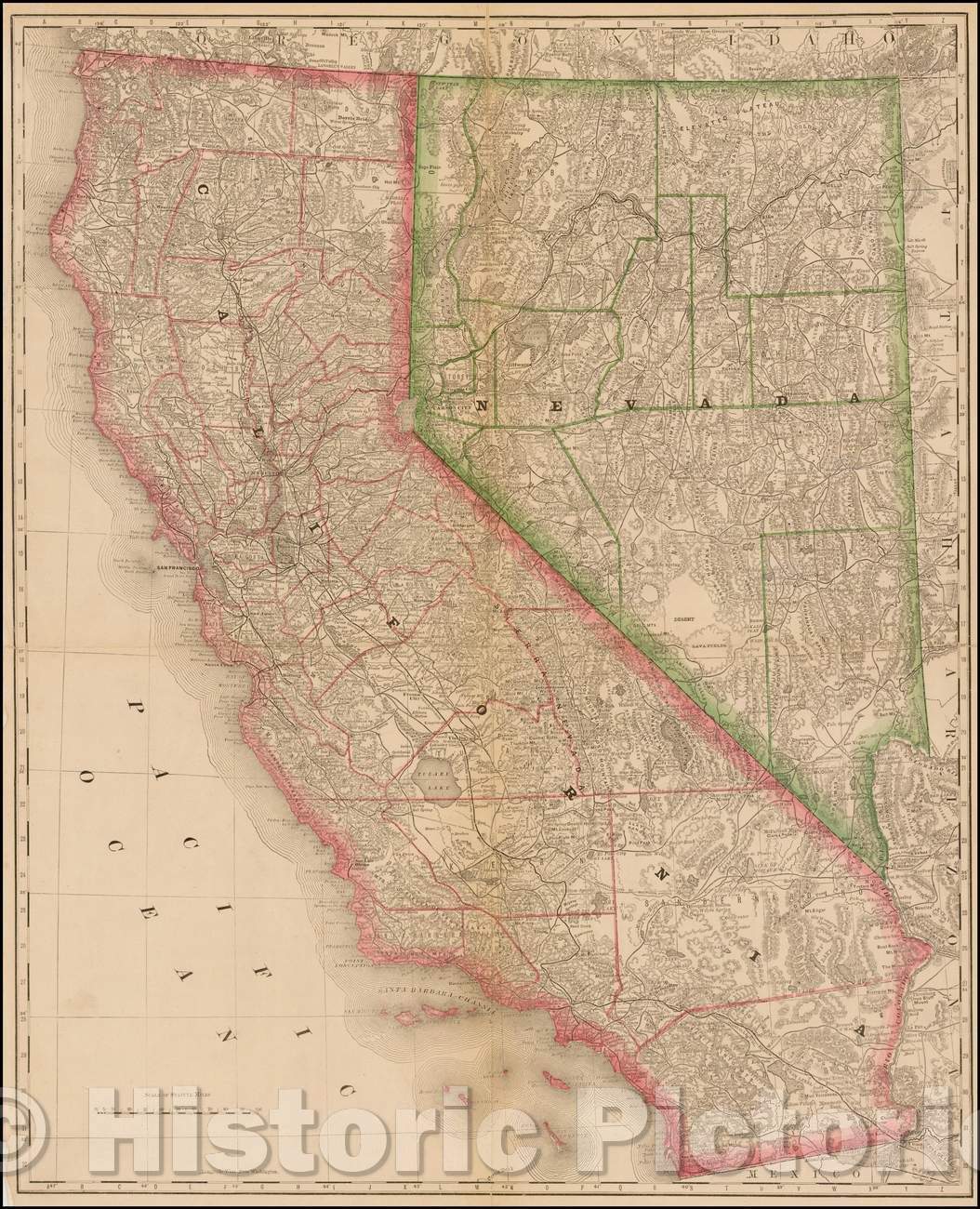 Historic Map - California and Nevada (Names Bigler Lake or Tahoe), 1878, William Rand - Vintage Wall Art