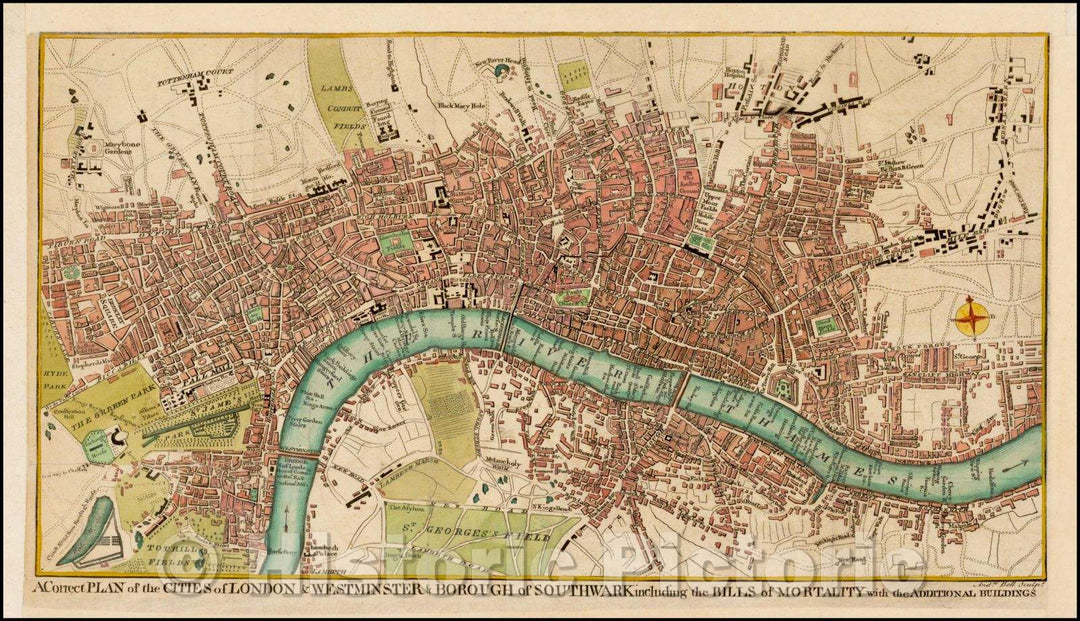 Historic Map - A Correct Plan of the Cities of London & Westminster & Borough of Southwark including the Bills of Mortality with the Additional Buildings, 1761 - Vintage Wall Art