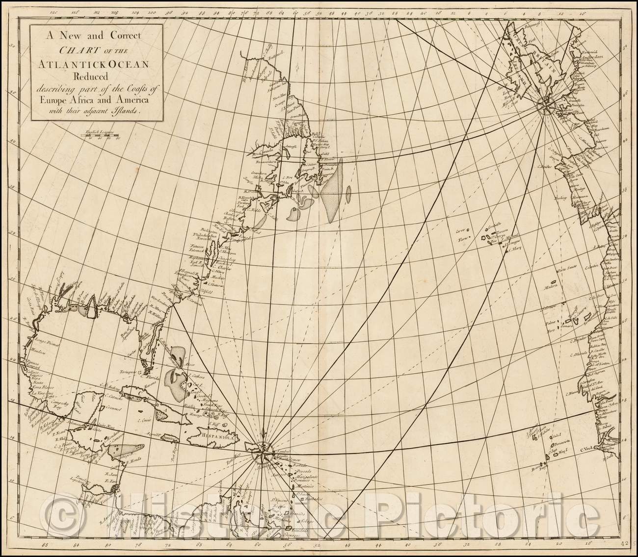 Historic Map - A New and Correct Chart of the Atlantick Ocean Reduced describing part of the Coasts of Europe Africa and America with their adjacent Islands, 1728 - Vintage Wall Art