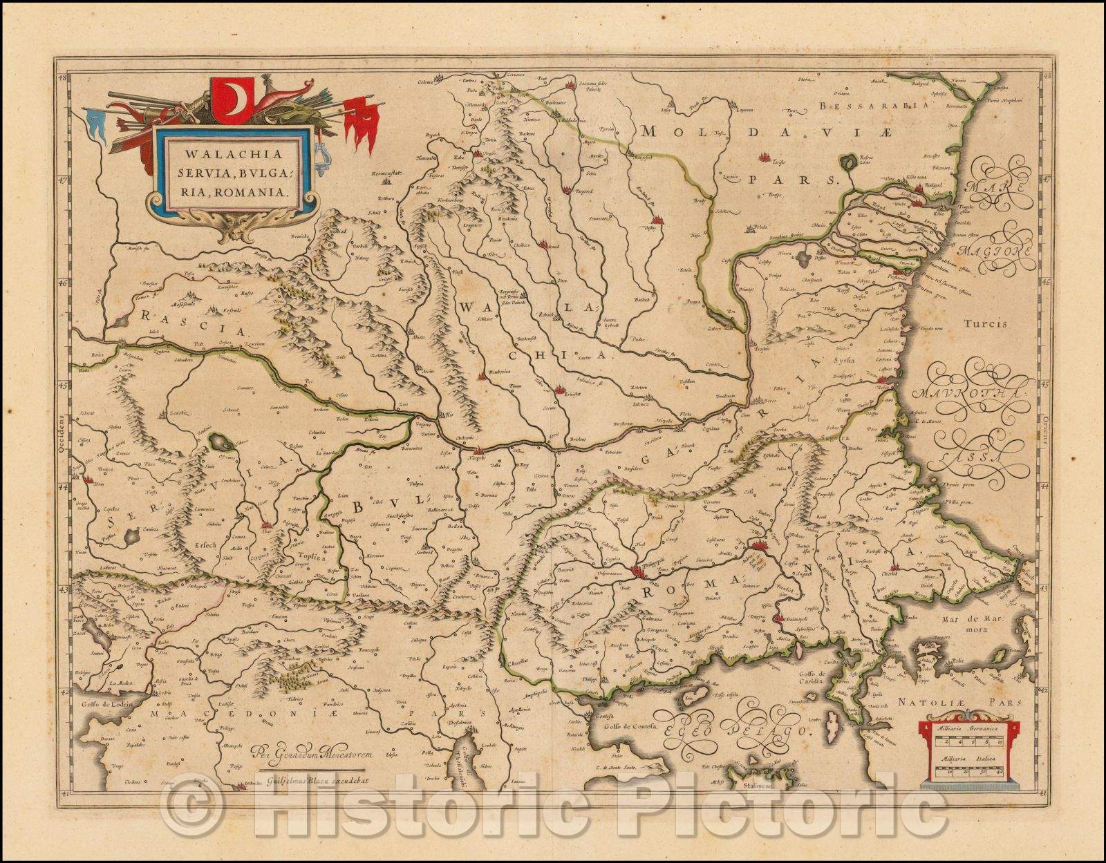 Historic Map - Walachia Servia, Bulgaria, Romania, 1640, Willem Janszoon Blaeu - Vintage Wall Art