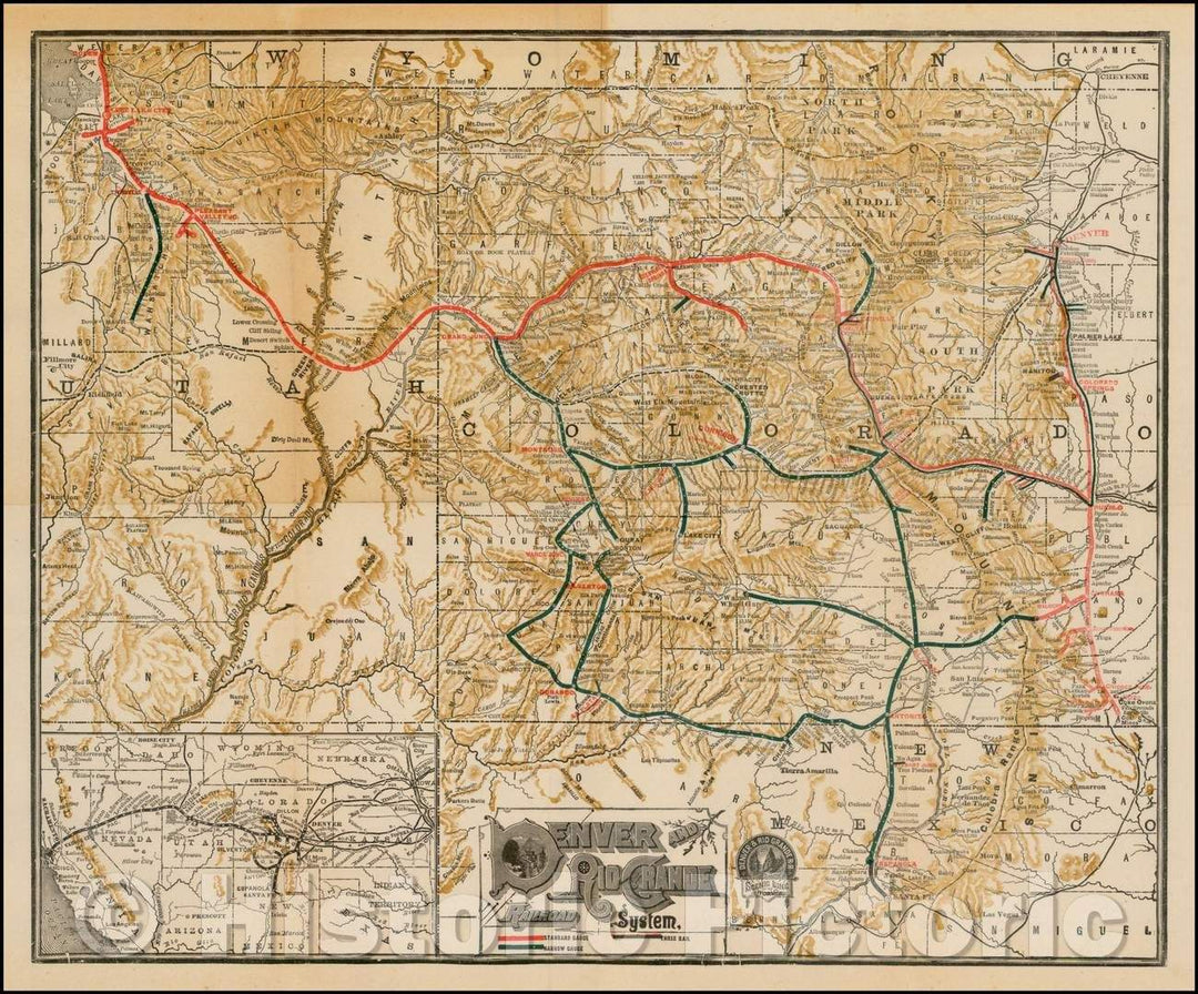 Historic Map - Denver and Rio Grande Railroad System, 1889, Denver & Rio Grande RR - Vintage Wall Art