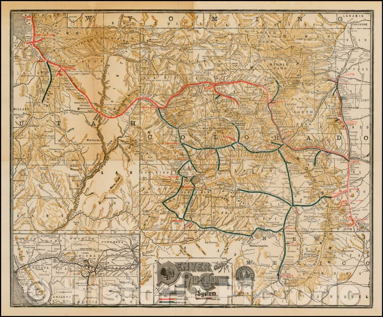 Historic Map - Denver and Rio Grande Railroad System, 1889, Denver & Rio Grande RR - Vintage Wall Art