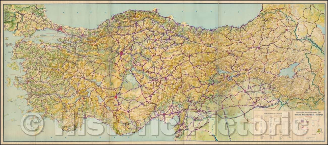 Historic Map - Turkiye Karayollari Haritasi/Turkey Road Map, 1950, Anonymous - Vintage Wall Art