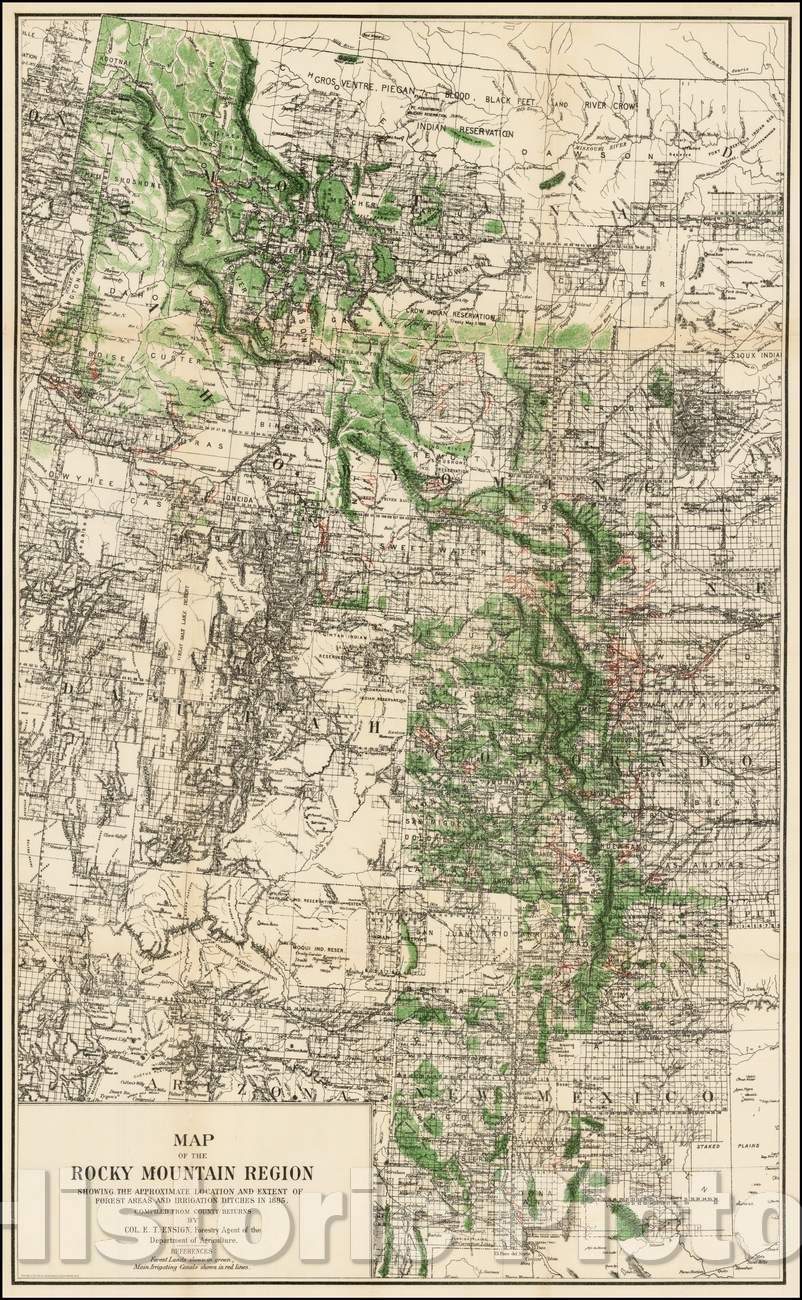 Historic Map - Map of the Rocky Mountain Region Showing The Approximate Location And Extent of Forest Areas And Irrigation Ditches In, 1885, Hoen & Co. v2