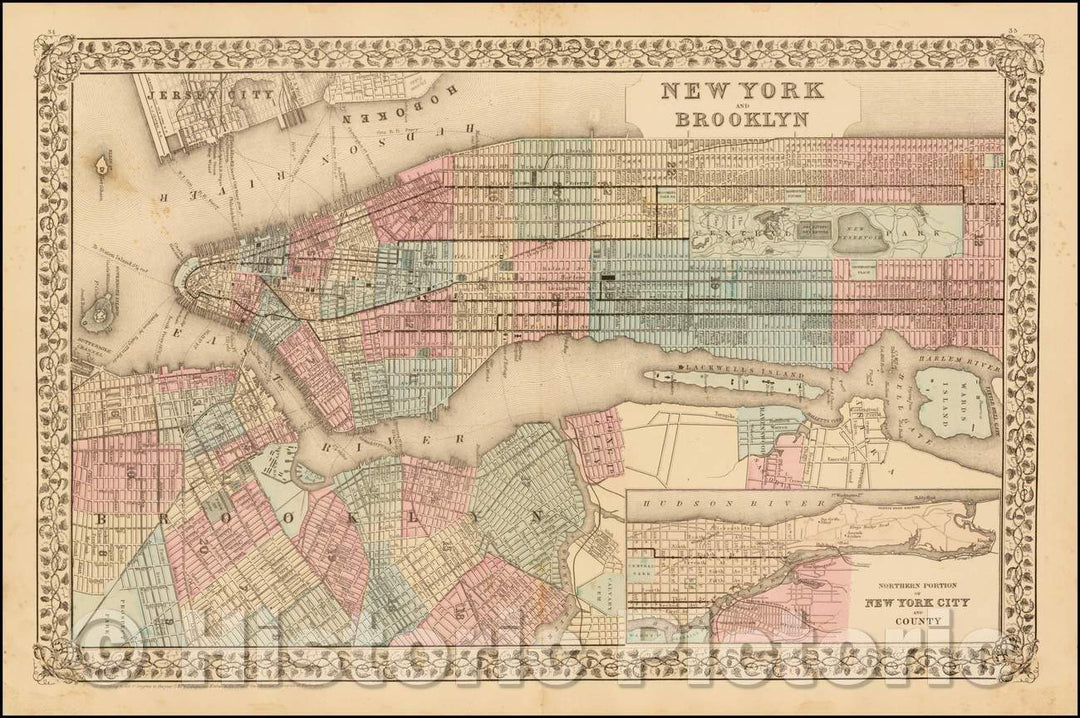 Historic Map - New York and Brooklyn, 1867, Samuel Augustus Mitchell Jr. v2