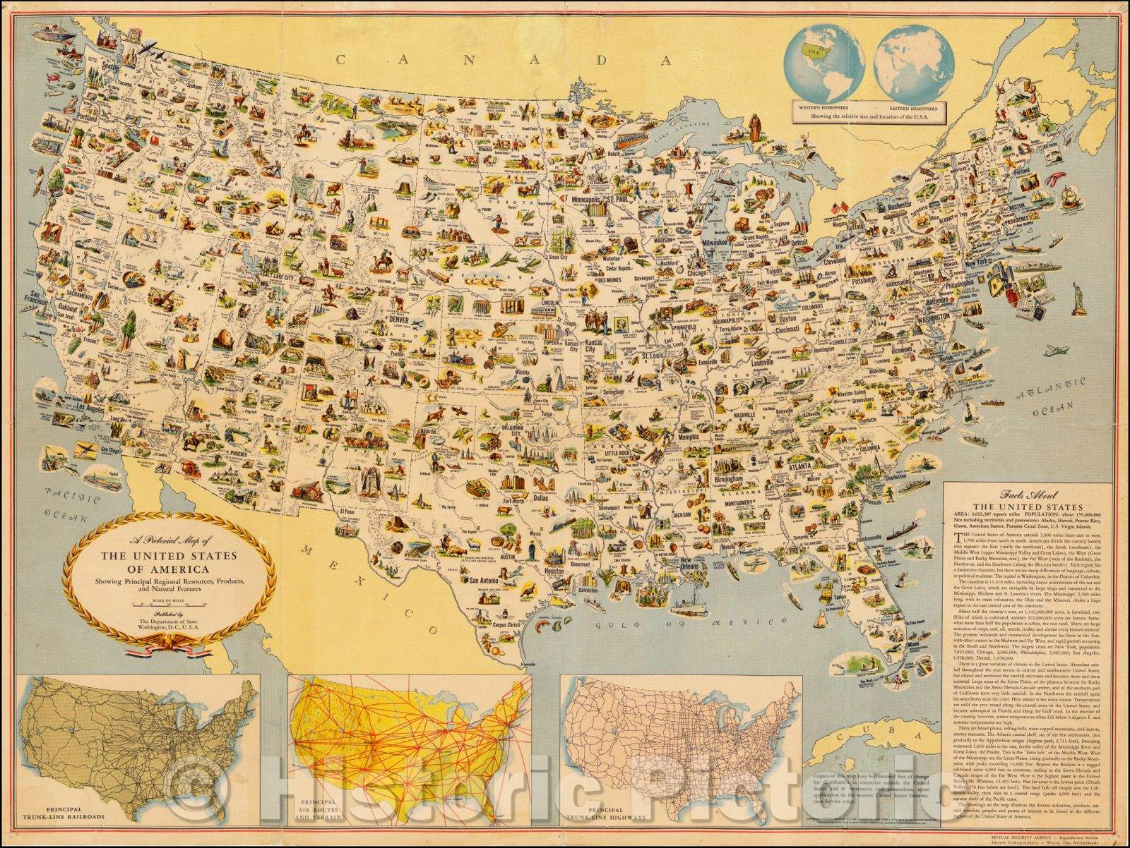 Historic Map - A Pictorial Map of the United States of America: Showing Principal Regional Resources, Products and Natural Features, 1954 - Vintage Wall Art