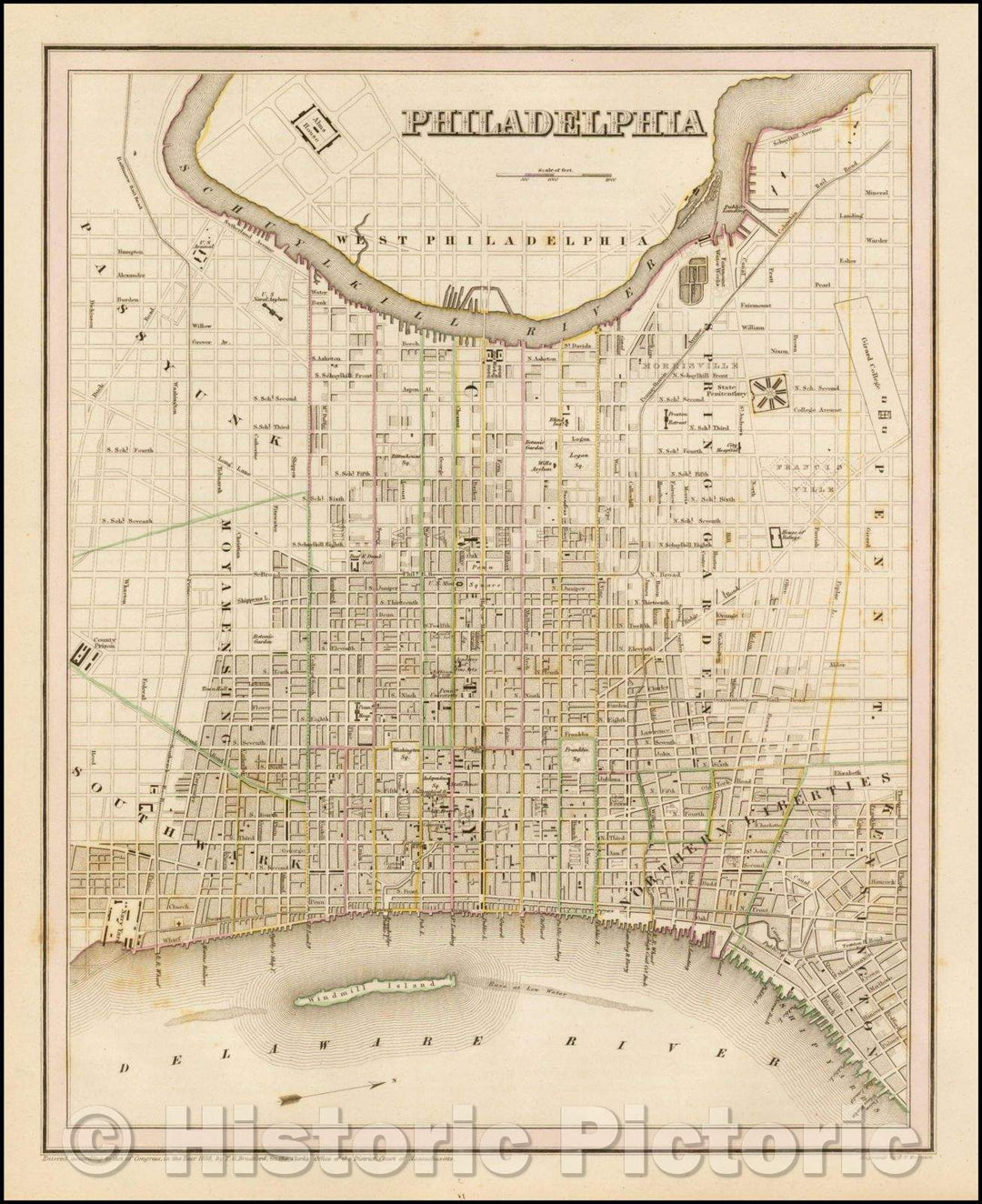 Historic Map - Philadelphia, 1838, Thomas Gamaliel Bradford - Vintage Wall Art