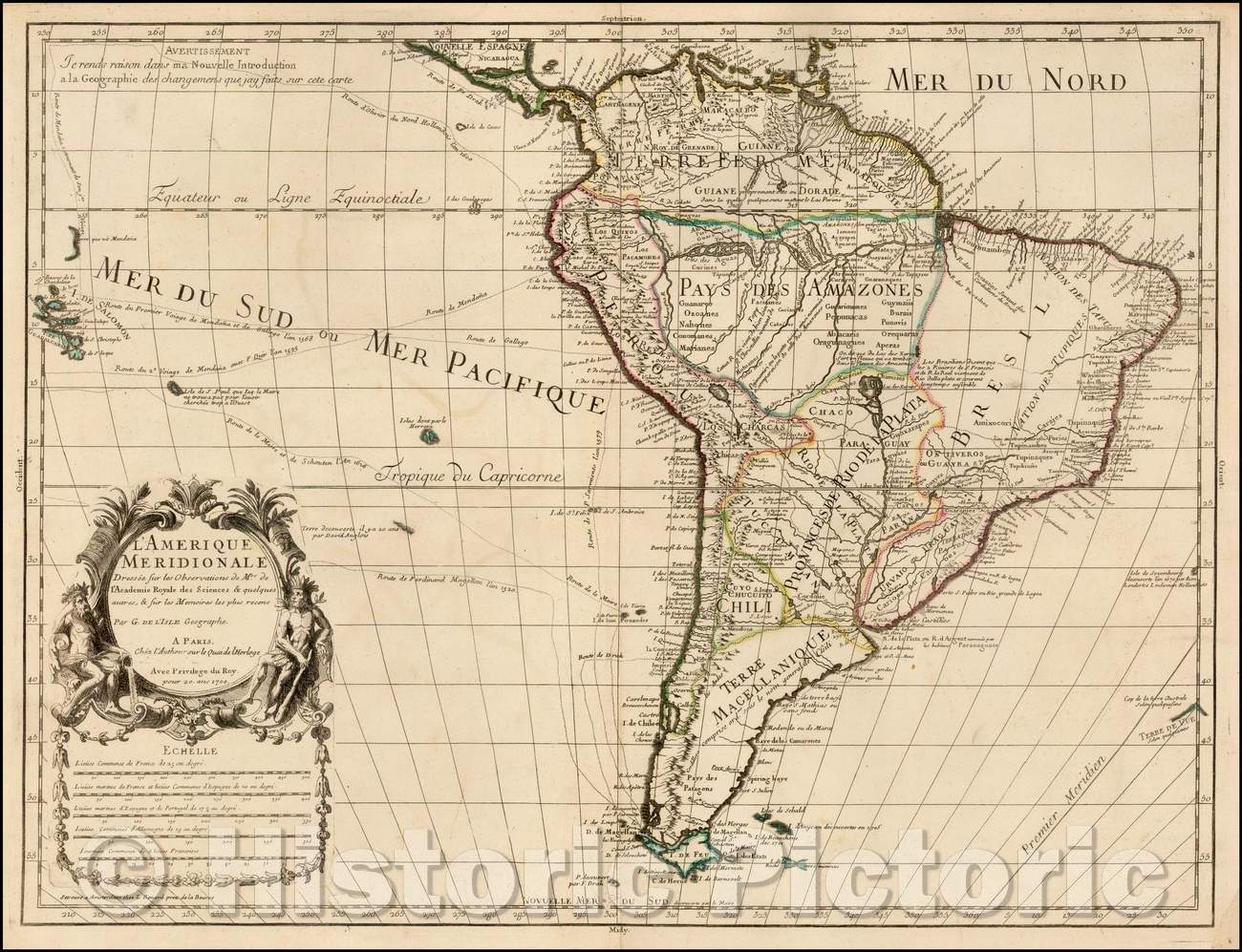 Historic Map - L'Amerique Meridionale Dressee sur les Observations de Mrs. de l'Academie :: South America, 1700 - Vintage Wall Art