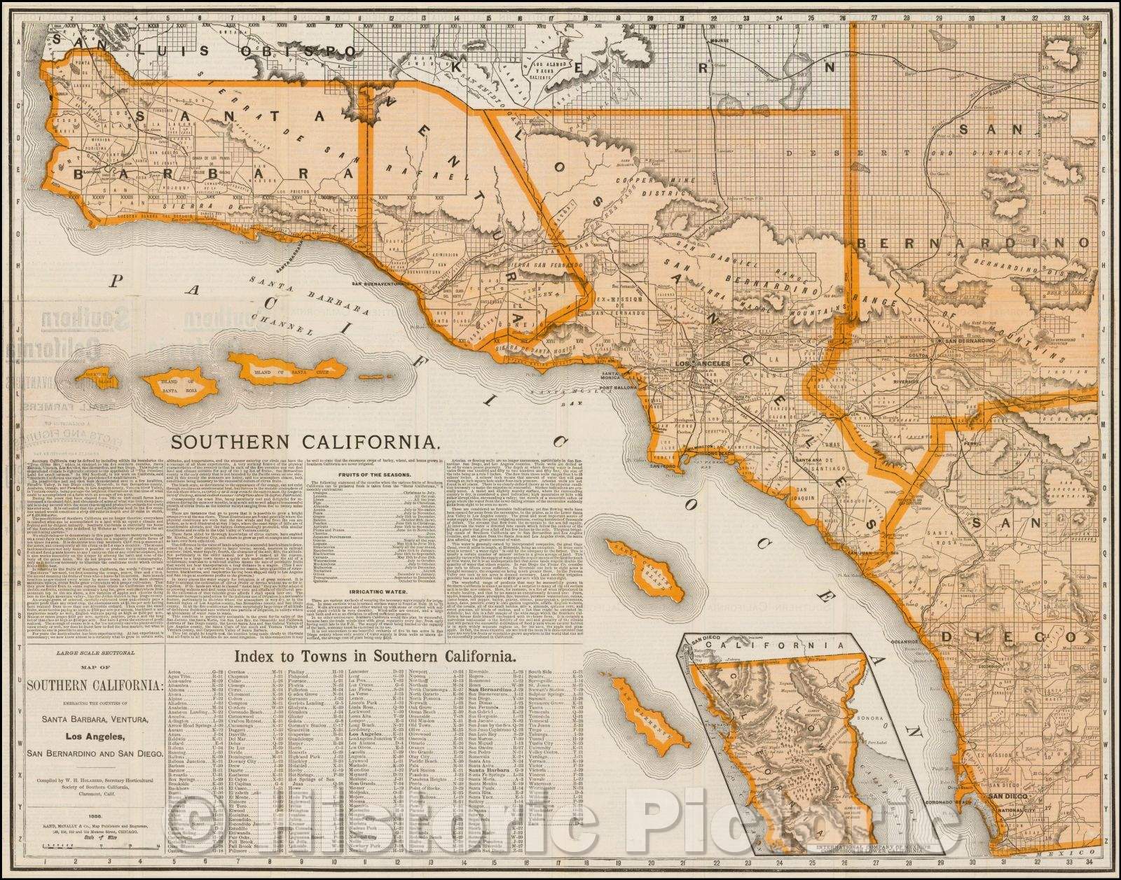 Historic Map - Large Scale Sectional Map of Southern California: Embracing the Counties of Santa Barbara, Ventura, Los Angeles, San Bernardino, San Diego, 1888 - Vintage Wall Art