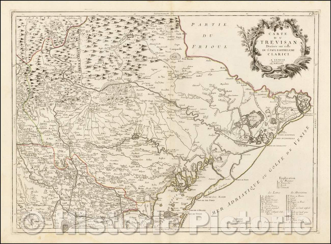 Historic Map - Carte du Trevisan/Regional Map of the area around Venice and Trevisa, published in Venice by Francois Santini, 1776, Paolo Santini - Vintage Wall Art