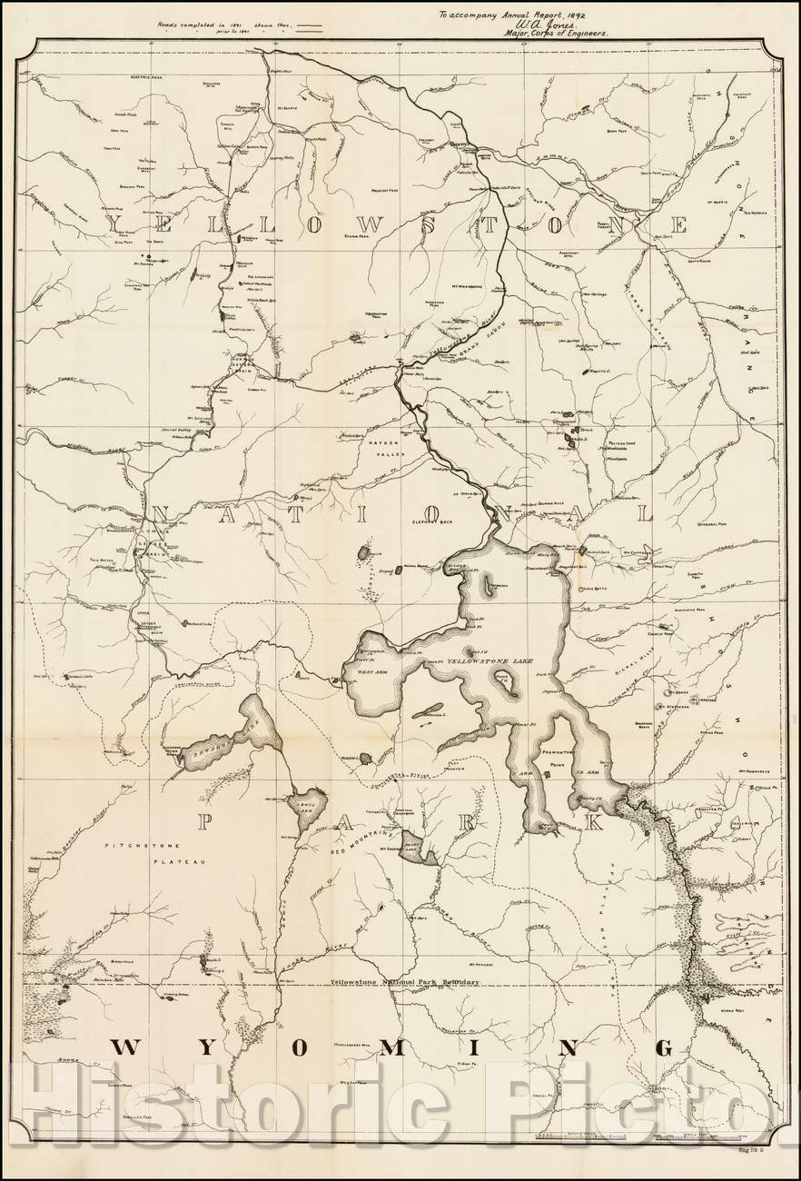 Historic Map - Yellowstone National Park, 1892, United States Bureau of Topographical Engineers - Vintage Wall Art