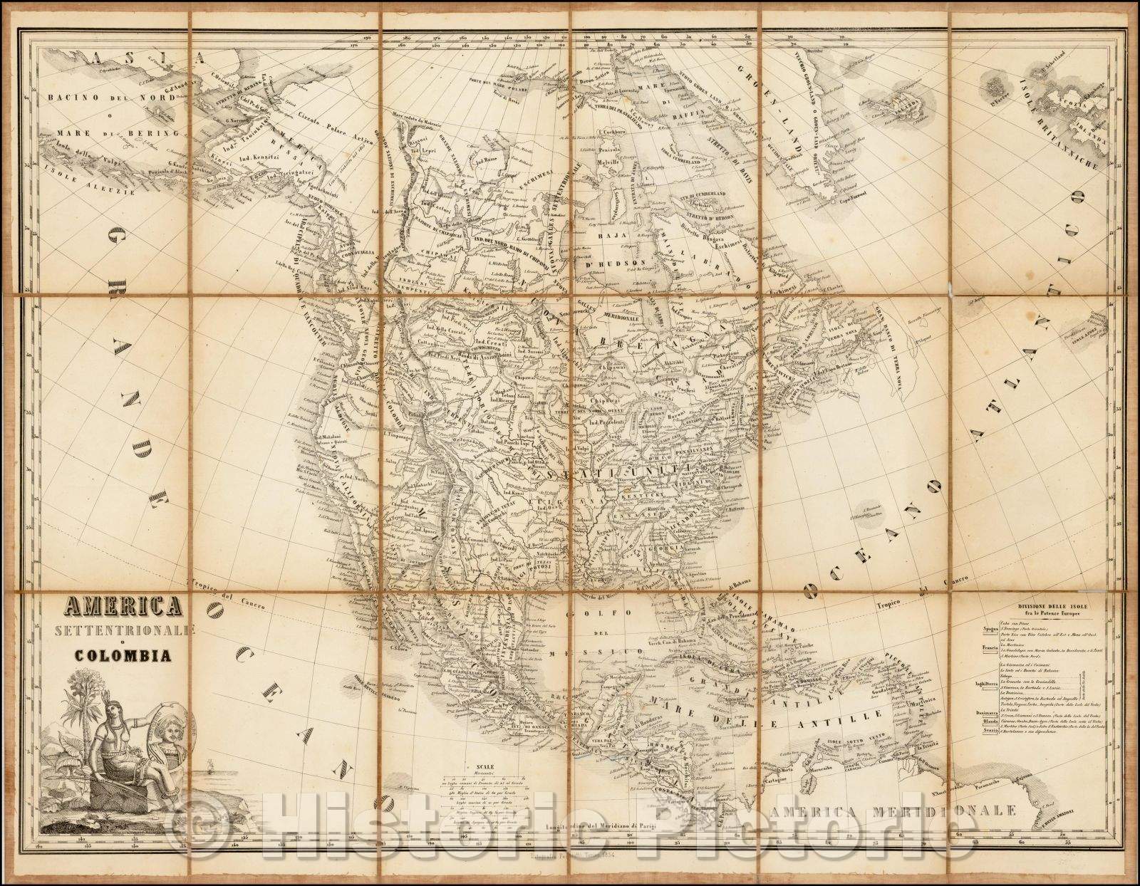 Historic Map - America Settentrionale o Colombia/Lithographic edition of this Map of North America, 1854, Stanislao Stucchi - Vintage Wall Art