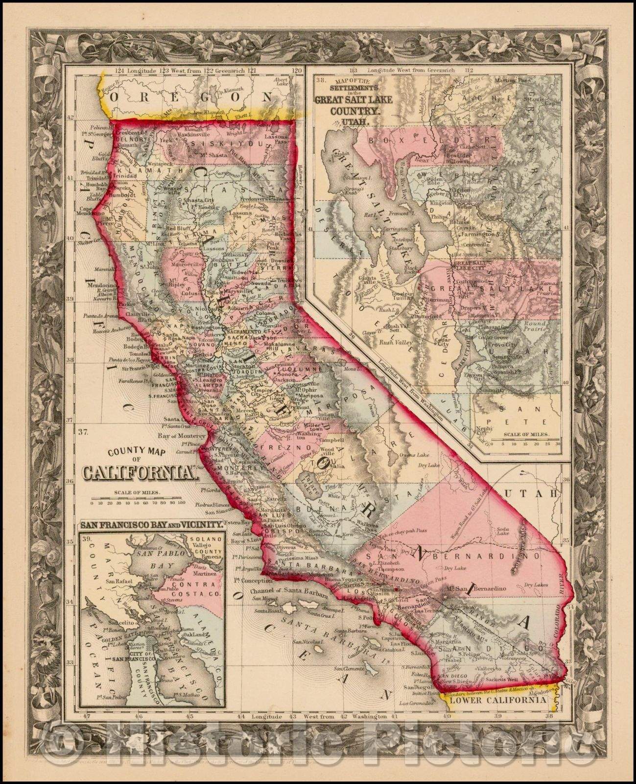 Historic Map - County Map of California (with large inset of Great Salt Lake Country), 1860, Samuel Augustus Mitchell Jr. - Vintage Wall Art