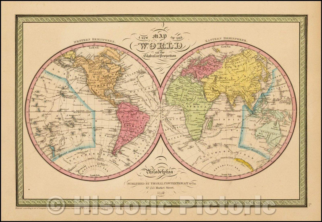 Historic Map - A New Map of the World on the Globular Projection, 1850, Thomas, Cowperthwait & Co. v1