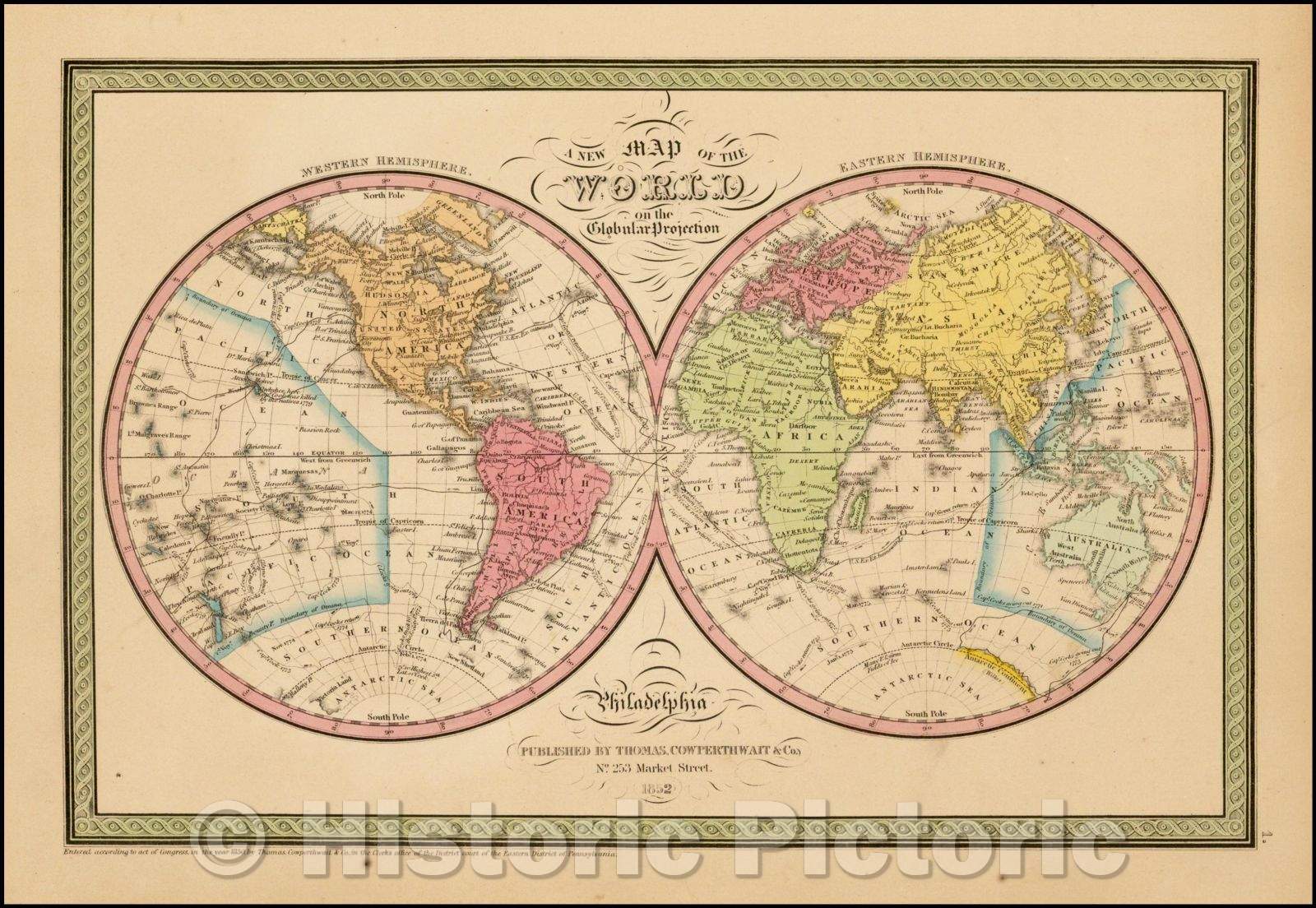 Historic Map - A New Map of the World on the Globular Projection, 1850, Thomas, Cowperthwait & Co. v1