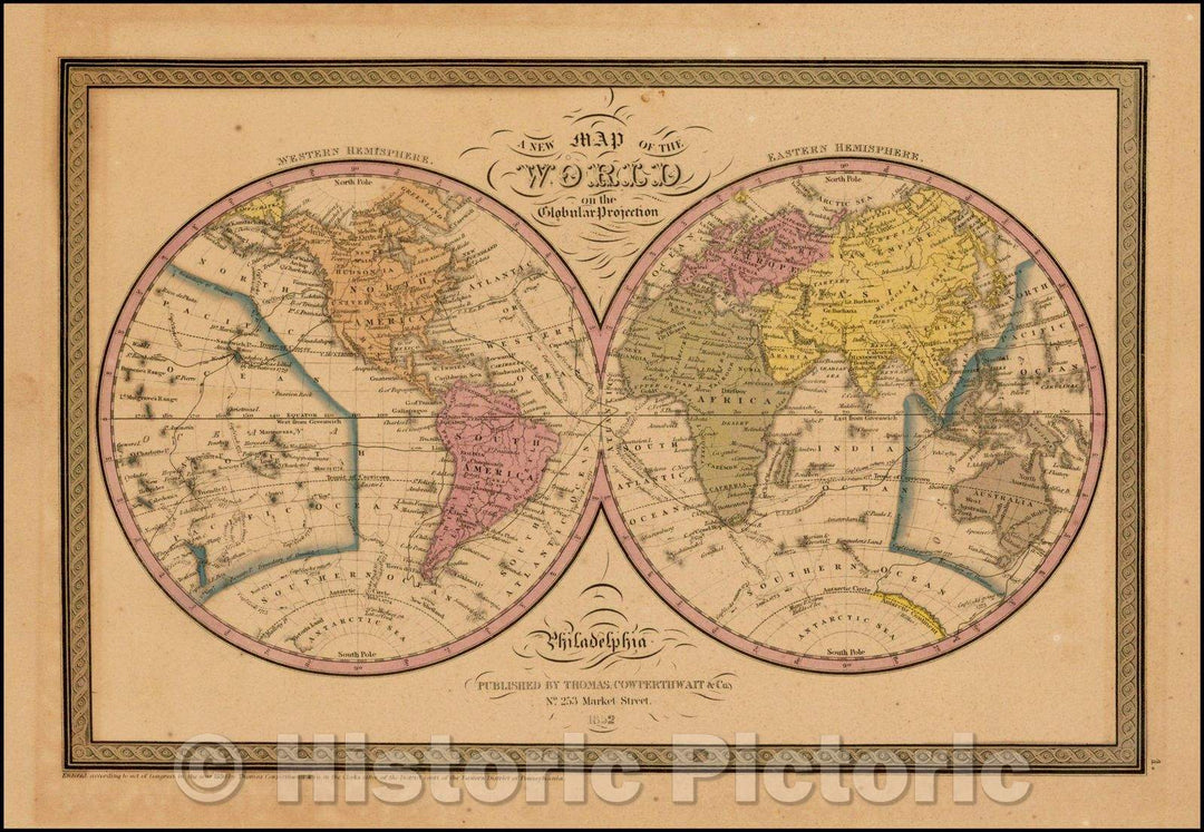 Historic Map - A New Map of the World on the Globular Projection, 1850, Thomas, Cowperthwait & Co. v2