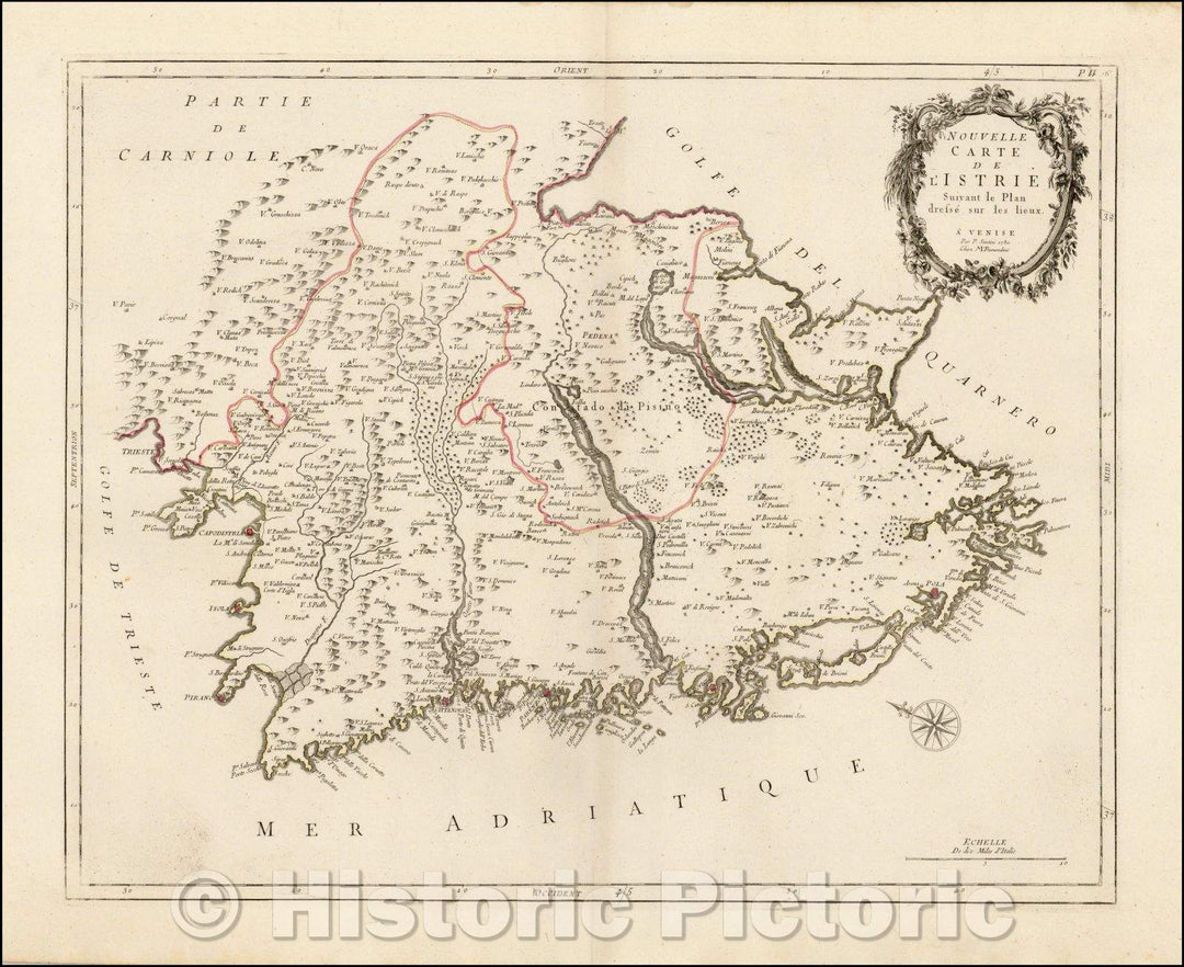 Historic Map - Nouvelle Carte de L'Istrie Suivant le Plan dresse sur les lieux .1780 :: Regional of Istria, published in Venice by Francois Santini, 1780 - Vintage Wall Art