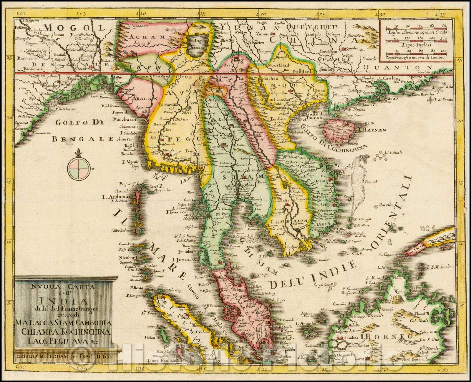 Historic Map - Nuova Carta dell' India, Fiume Ganges overo di Malacca Siam Cambodia C :: Malay Peninsula,Straits of Singapore, Malacca and Borneo,China, 1760 - Vintage Wall Art