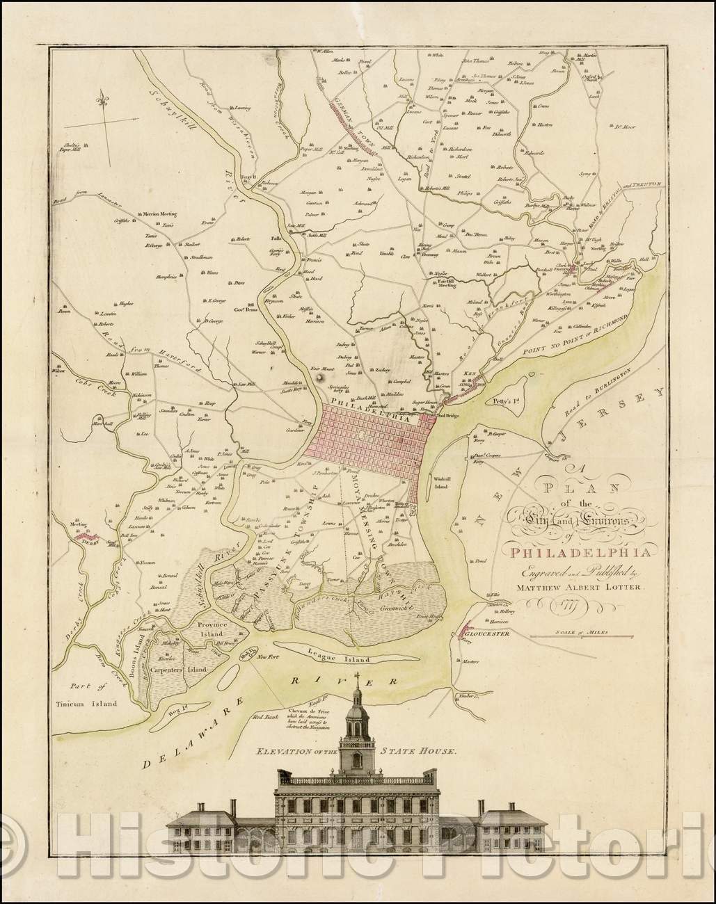 Historic Map - A Plan of the City and Environs of Philadelphia Engraved and, 1777, Mathais Albrecht Lotter - Vintage Wall Art