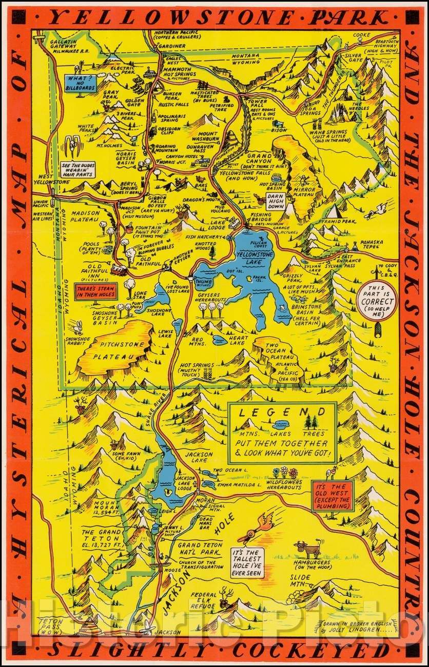 Historic Map - A Hysterical Map Of The Yellowstone Park And The Jackson Hole Country. Slightly Cockeyed, 1936, Lindgren Brothers v2