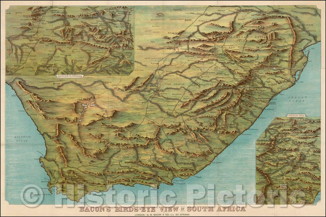 Historic Map - Bacon's Bird's-Eye View of South Africa, 1890, G.W. Bacon & Co. - Vintage Wall Art