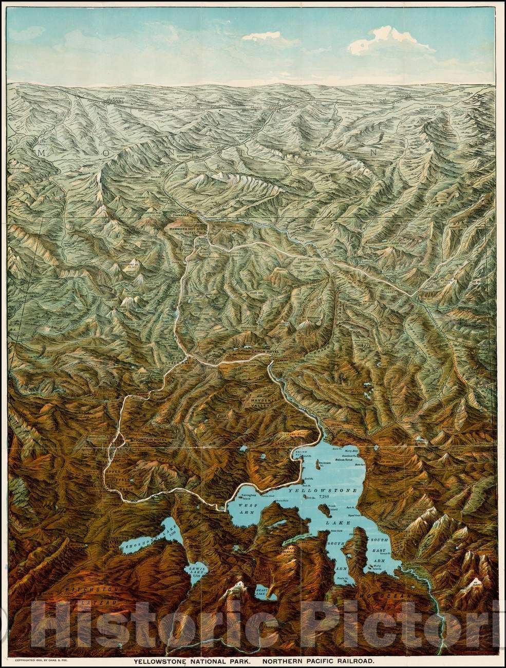 Historic Map - The Yellowstone National Park. Northern Pacific Railroad, 1895, Charles S. Fee - Vintage Wall Art