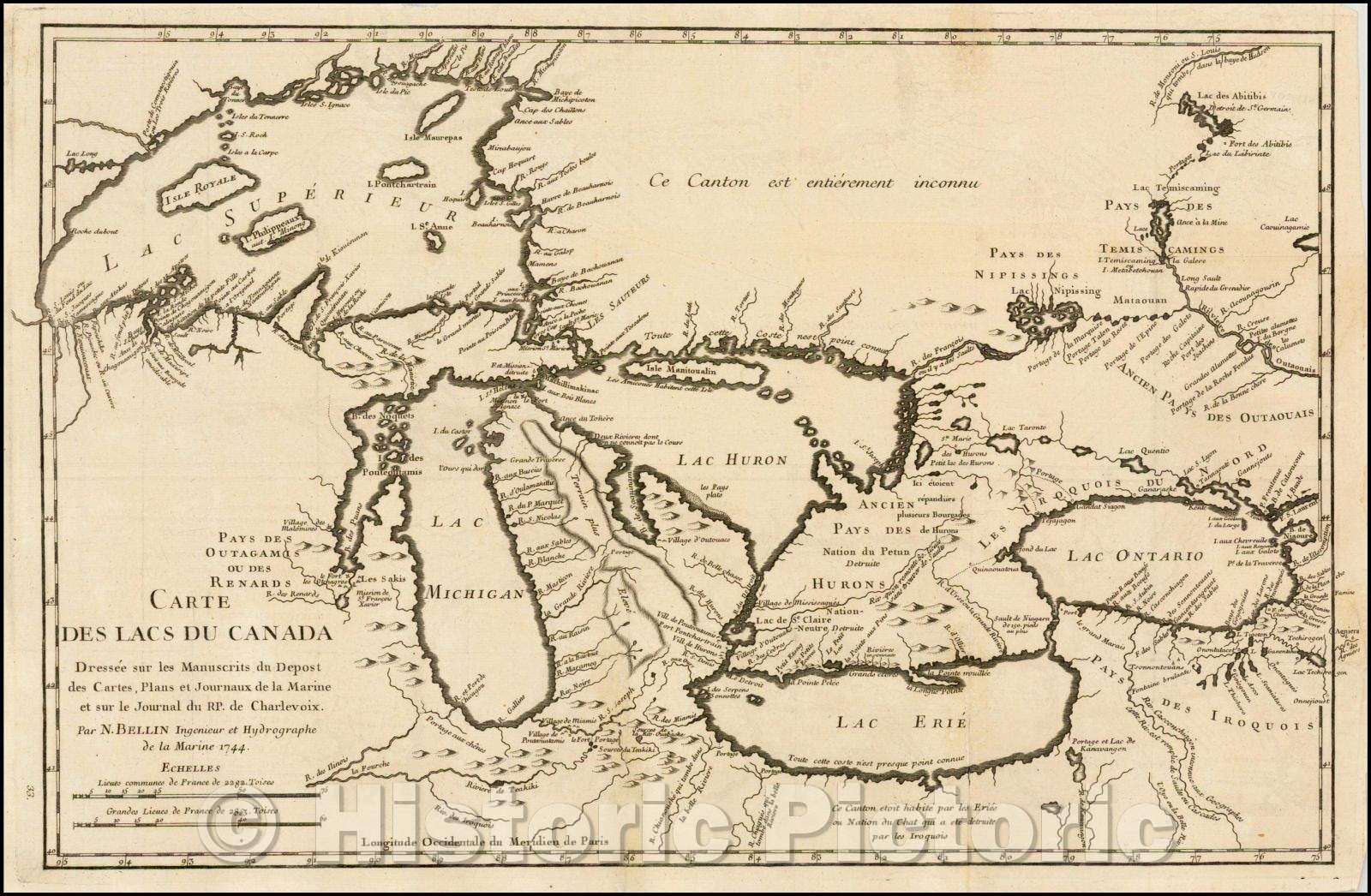 Historic Map - Carte des lacs du Canada. Dressee sur les manuscrits du Depost des cartes Plans et journaux/Bellin's seminal Map of the Great Lakes, 1744 - Vintage Wall Art